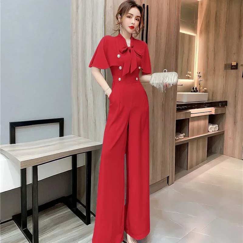 

Women's 2024 Summer New Jumpsuit Fashion Elegance Chiffon Printing SlimThin Sexy One-piece Wide Leg Pants Party Suit C10