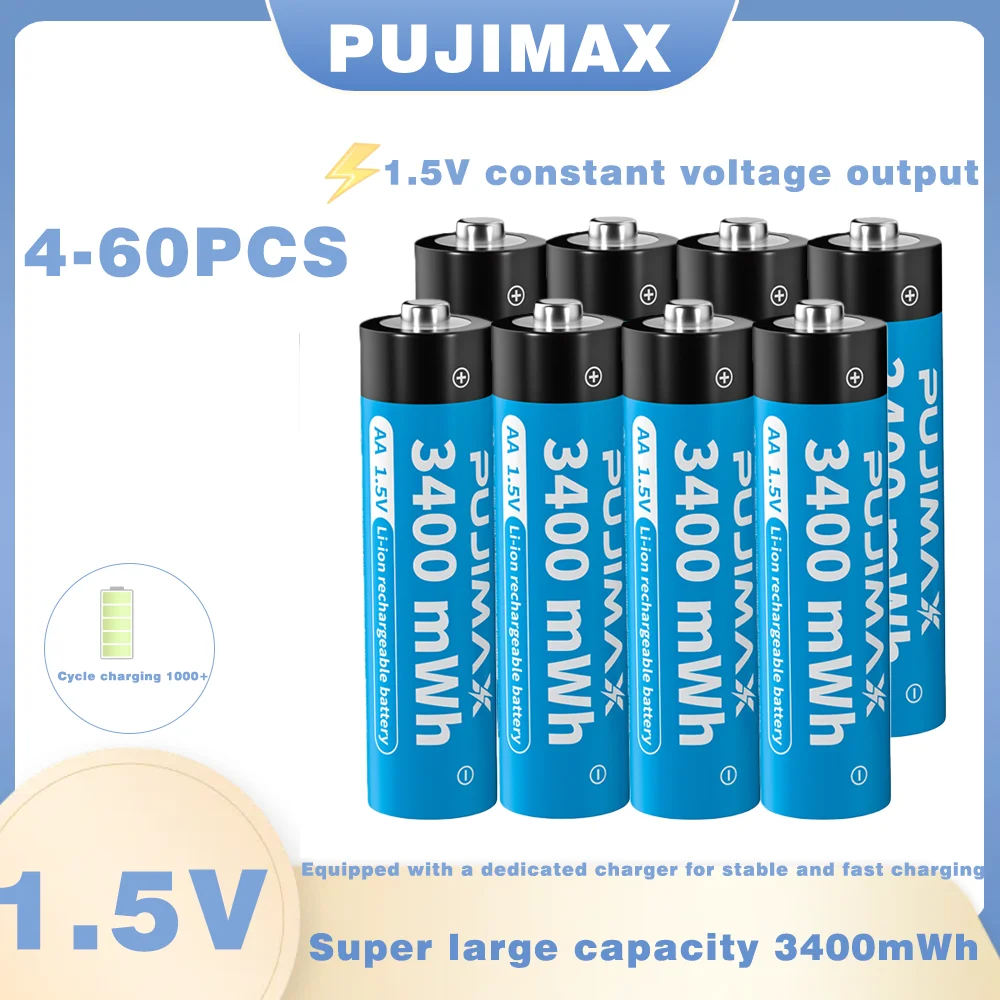 4-60 قطعة PUJIMAX جديد عالي الأداء بطارية ليثيوم قابلة للشحن AA1.5V بطارية قابلة للشحن كاميرا لعبة وحدة التحكم مصباح يدوي أيضا