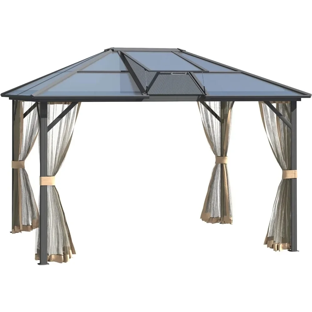 

10' x 12' Hardtop Gazebo Canopy with Polycarbonate Roof, Aluminum Frame, Permanent Pavilion Outdoor Gazebo with Netting