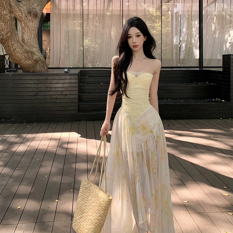 

Yellow lace polyester fiber photography skirt, patchwork printed camisole skirt, asymmetric slit tube skirt, holiday style