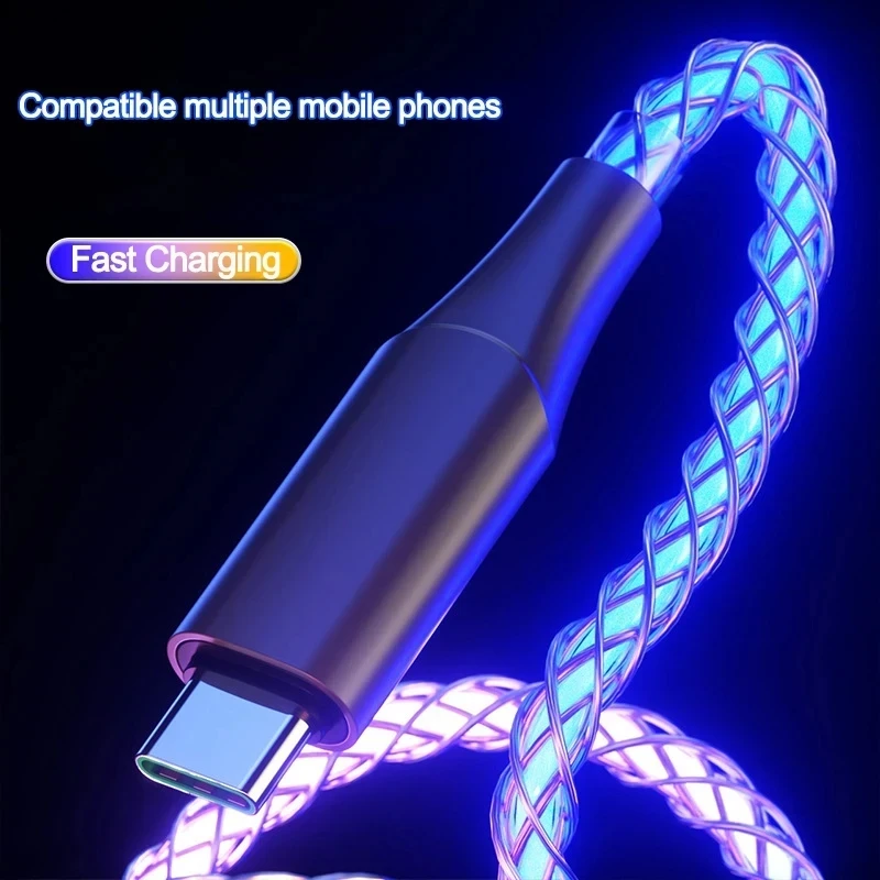 RGB 66W 6A Fast Charging USB Type C Cable Colorful Streamer Glowing Line for Iphone Samsung Xiaomi Redimi Huawei Charger Cable