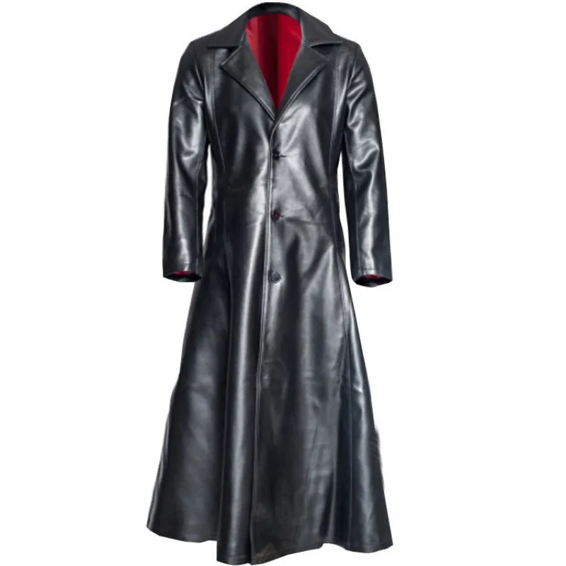 Men Notched Lapel Long Faux Leather Trench Coat Single Breasted Windproof Overcoat Red Inner Liner Black Red Blue Men Clothing