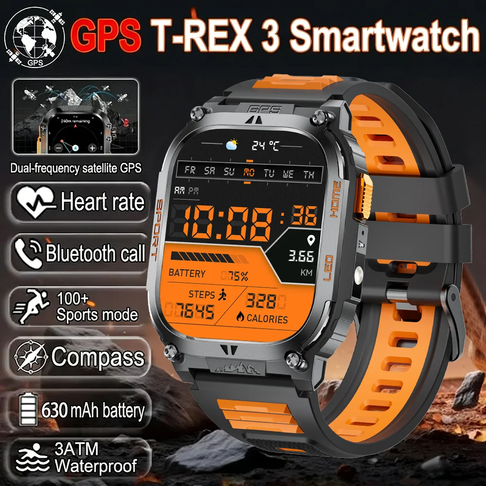 

LIGE 2026 New Military GPS Smart Watch Men 3ATM Waterproof Compass 630mAh Bluetooth Call 100+Sports T-REX 3 Smartwatch Android