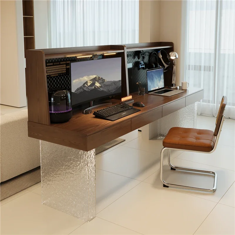 Solid wood double computer desk with drawers, desk, bookcase integrated, acrylic suspension against the wall, modern simple desk