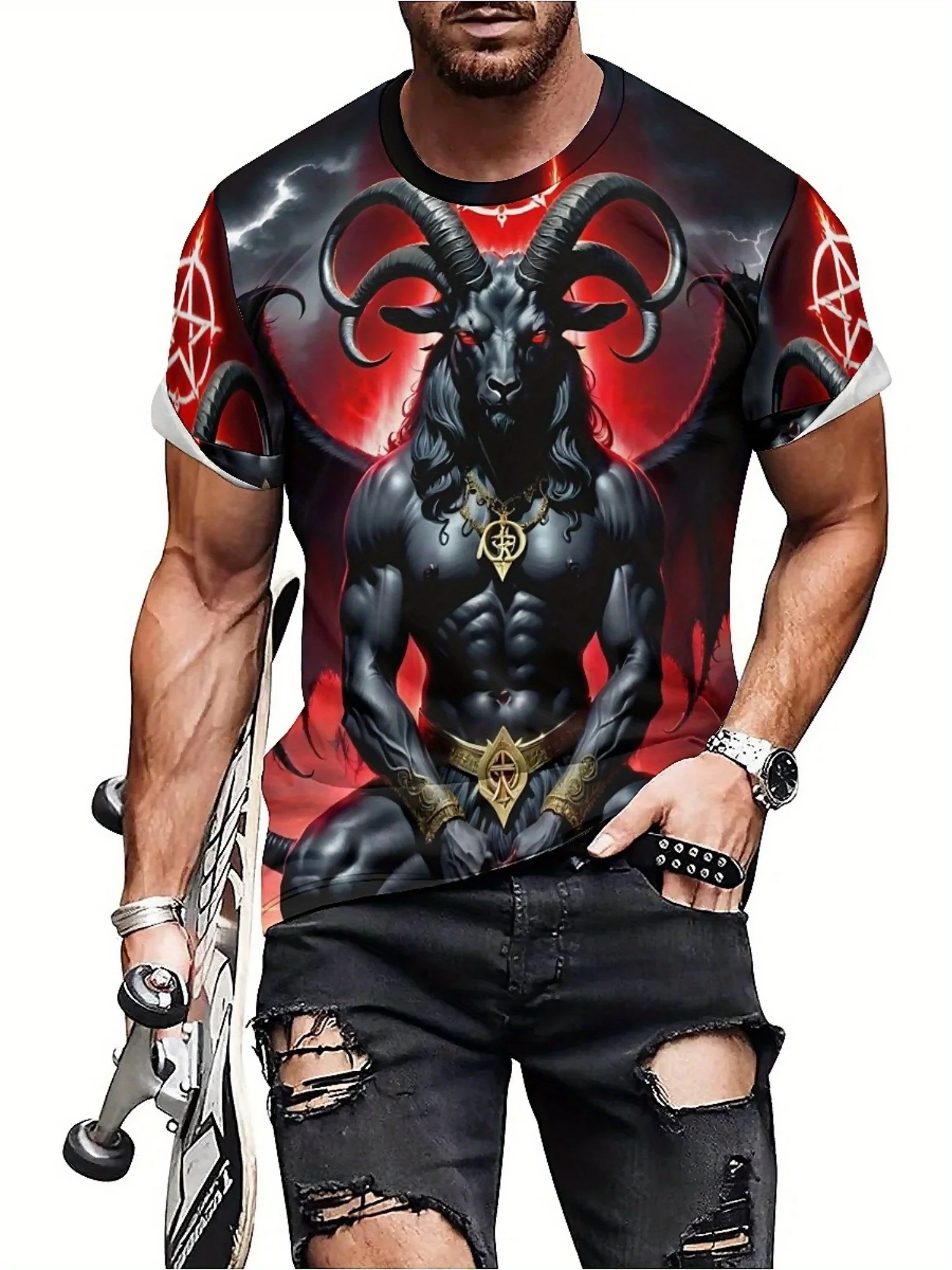 تي شيرت صيفي بطباعة ثلاثية الأبعاد على الطراز القوطي للرجال والنساء - بوليستر ناعم، تصميم هندسي جريء Baphomet الخماسي