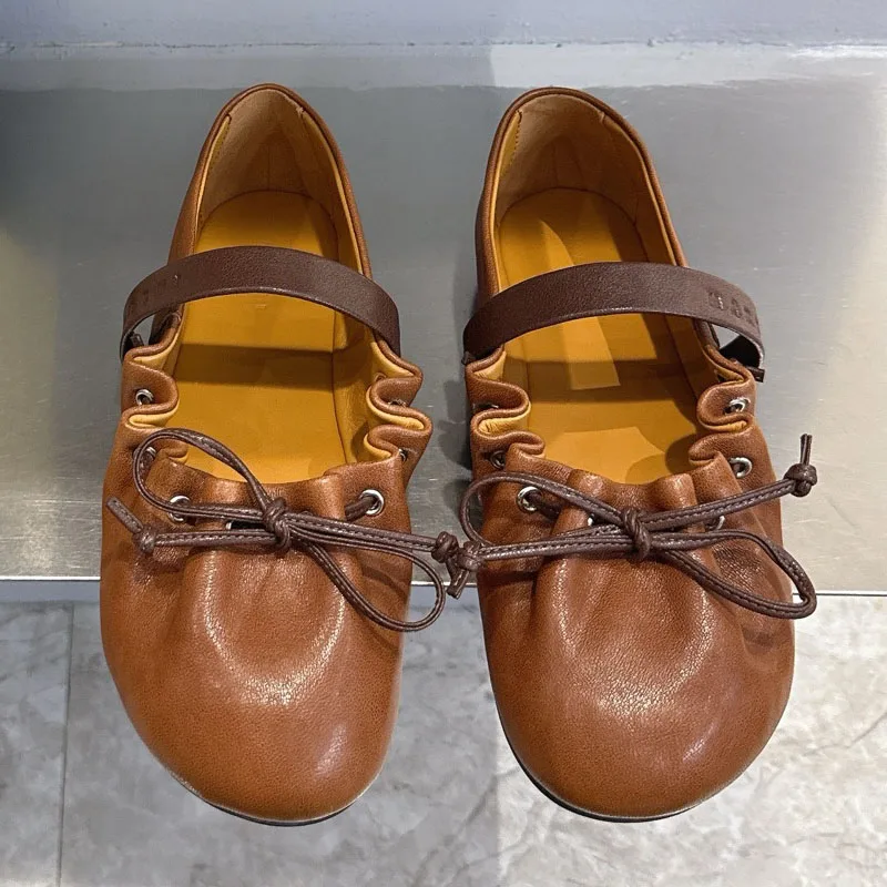 High Quality Pleated Bow Buckle Ballet Mary Jane Shoes Genuine Leather Flats 2026 New  Fashion Casual Shoes