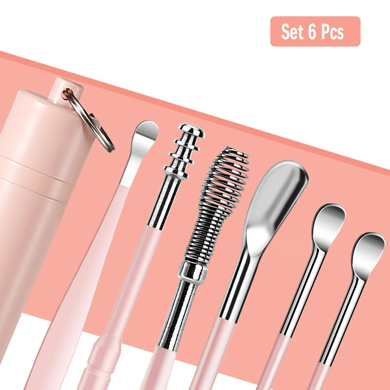 6 Stks/set Oor Cleaner Set Earpick Ear Wax Remover Oor Lepel Curette Oor Schoonmaken Spiraal Earpick Gemakkelijk Oorsmeer Removal Piercing kit