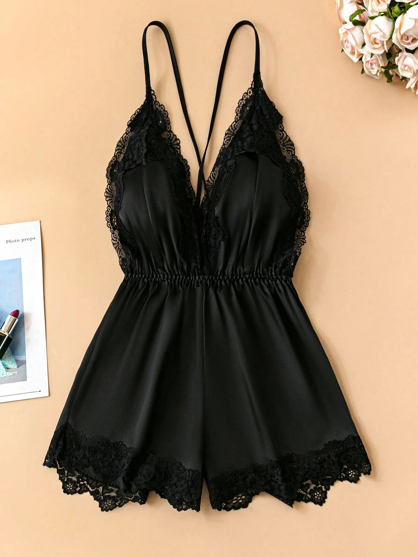 

SilkySpell Women's Solid Color Contrast Lace Camisole Jumpsuit With Shorts