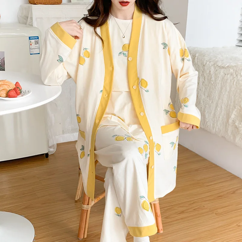 3PCS/Set Nursing Maternity Korean Version Nightwear Breastfeeding Knitted Cotton Pajamas Gown Maternity Pregnancy Clothes