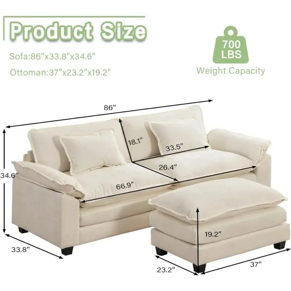 Sofa Comfy Cloud Couch for Living Room with Pillows, Modern Chenille Sofa Sleeper Deep Couches with Ottoman