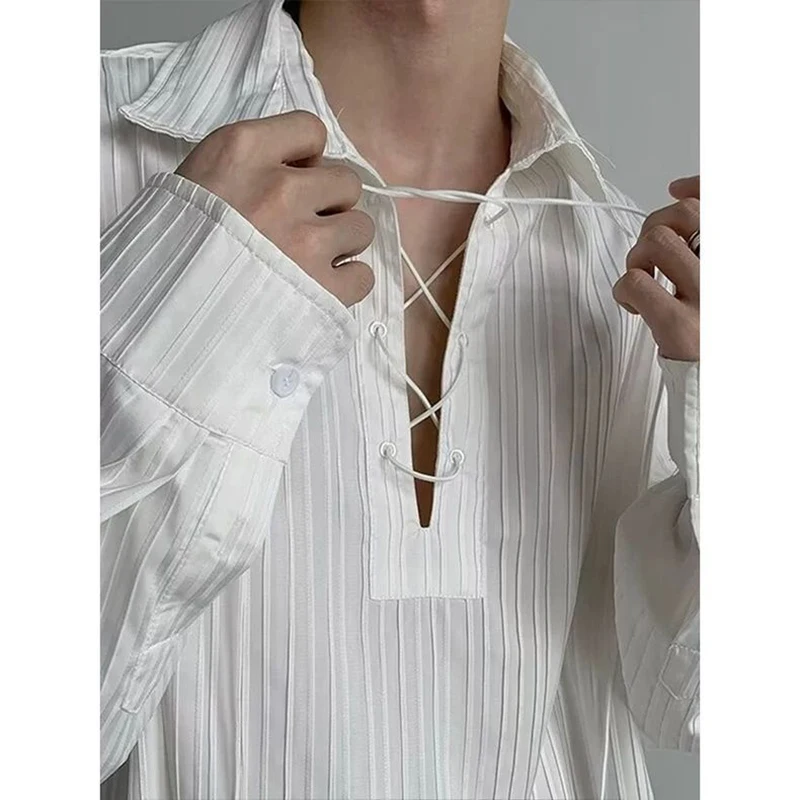 Fall Men Drawstring Long Sleeve Shirt French Palace Style Fashion All-match Business Casual Loose Clothes Blouse White Halloween