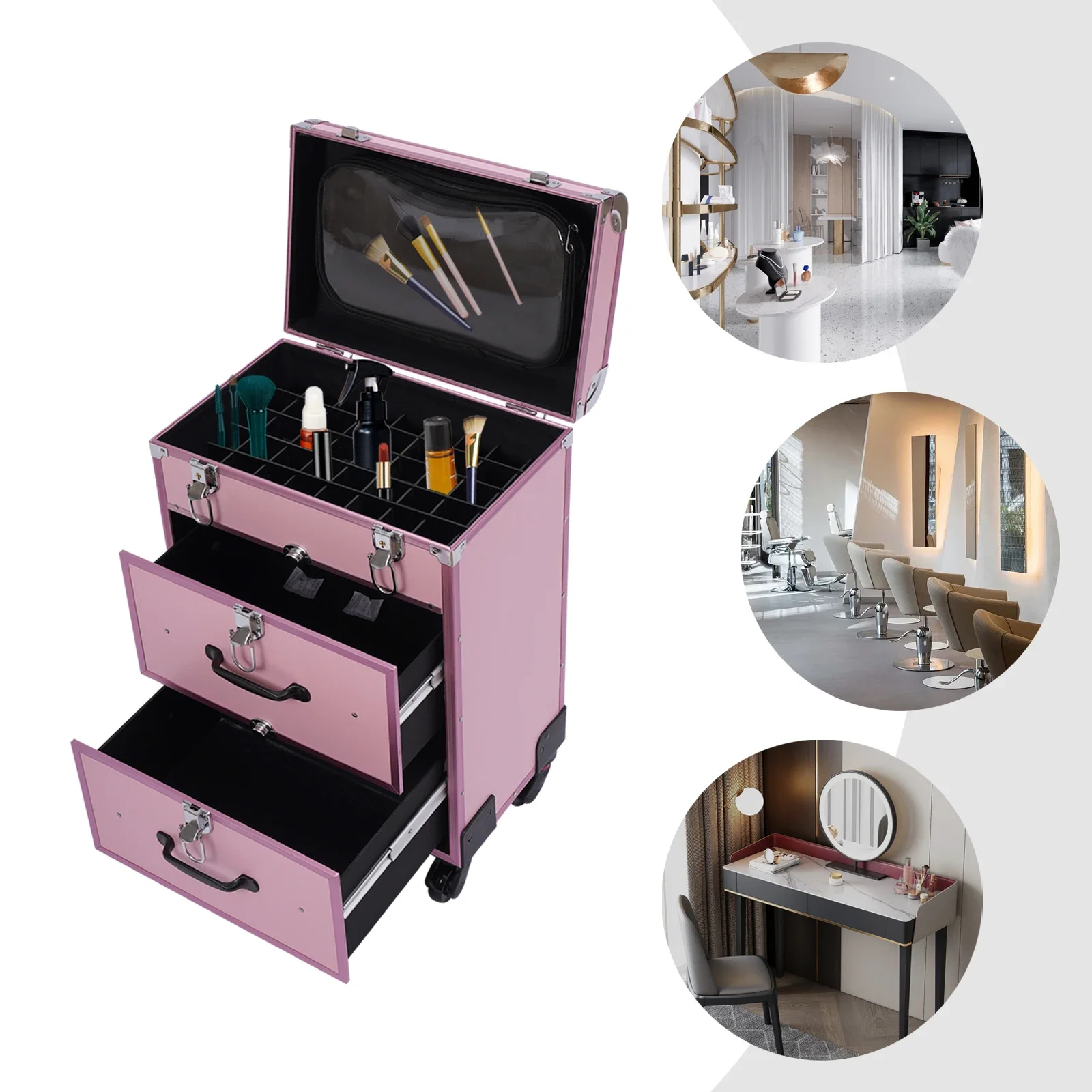 

Rolling Makeup Train Case, 3 Layers for Cosmetics & Beauty Tools, Aluminum Alloy Frame, 13lbs Capacity