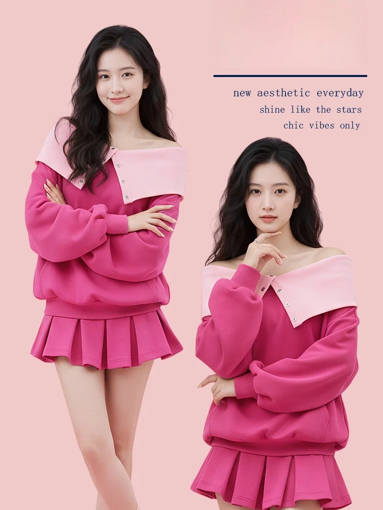 

Korean Sweet Style Women's One-Shoulder Two-Piece Set Spring New High Waist Skirt Fashionable Long Sleeve Shirt And Skirt Set