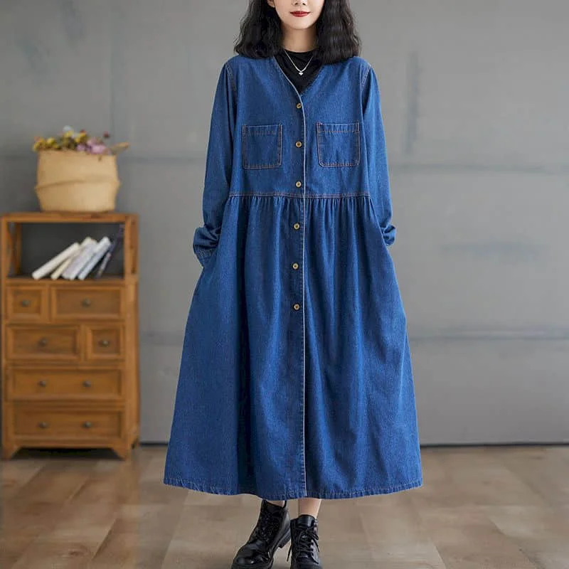 

Джинсовые платья женские с v-образным вырезом повседневные свободные однобортные рубашки трапециевидной формы юбки с карманами винтажное эстетичное платье во французском стиле