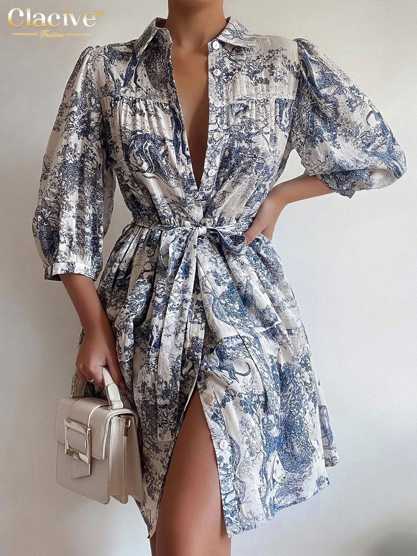 

Модное свободное женское платье Clacive с принтом, лето 2024, офисные мини-платья с рукавами три четверти, элегантное классическое женское платье на шнуровке