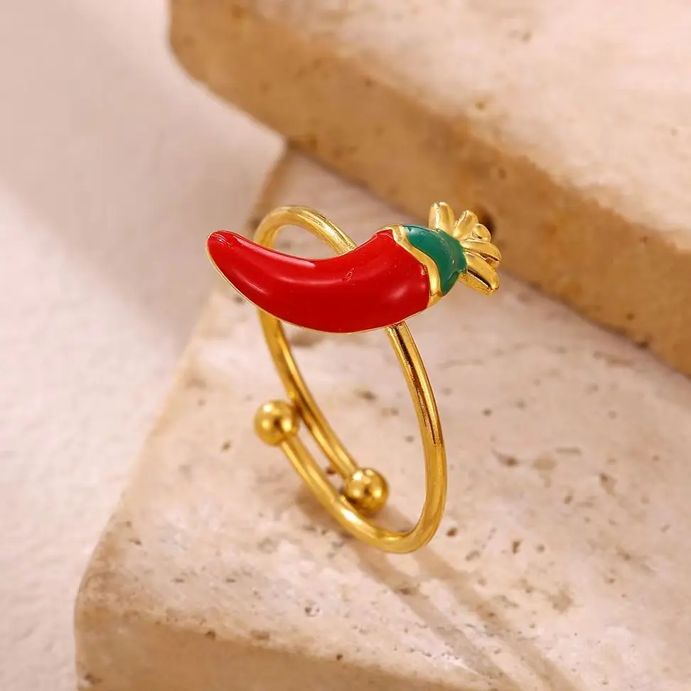 Stainless Steel Enamel Drip Oil Chili Pepper Rings for Women Cute Thin Red Chili Adjustable Opening Ring Fashion Jewelry Gift