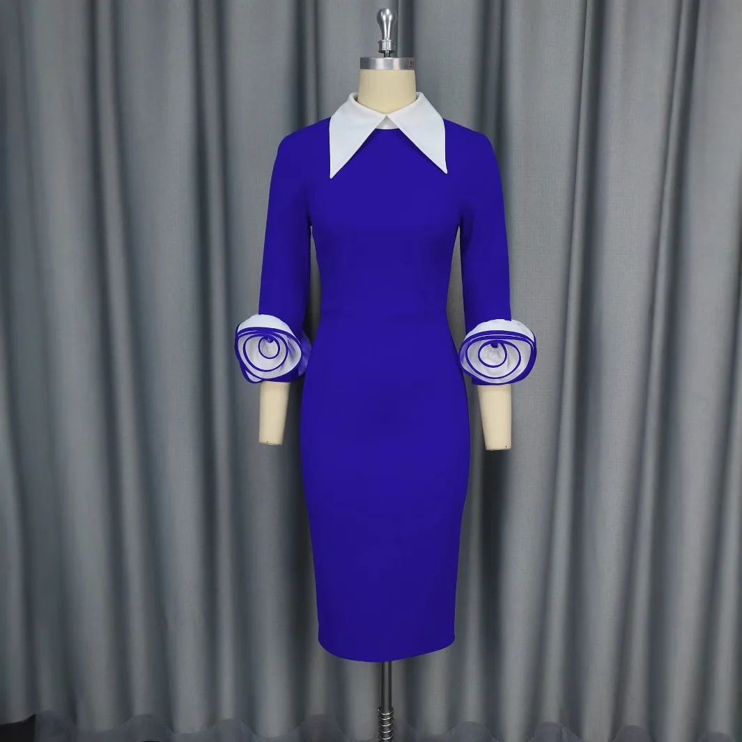 Am050125colorบล็อกTurn-Downคอยาวแขนยาวชุด3dดอกไม้พรรคBodycon Dress 2025 ฤดูร้อนชุดRobe Vestidoผู้หญิง