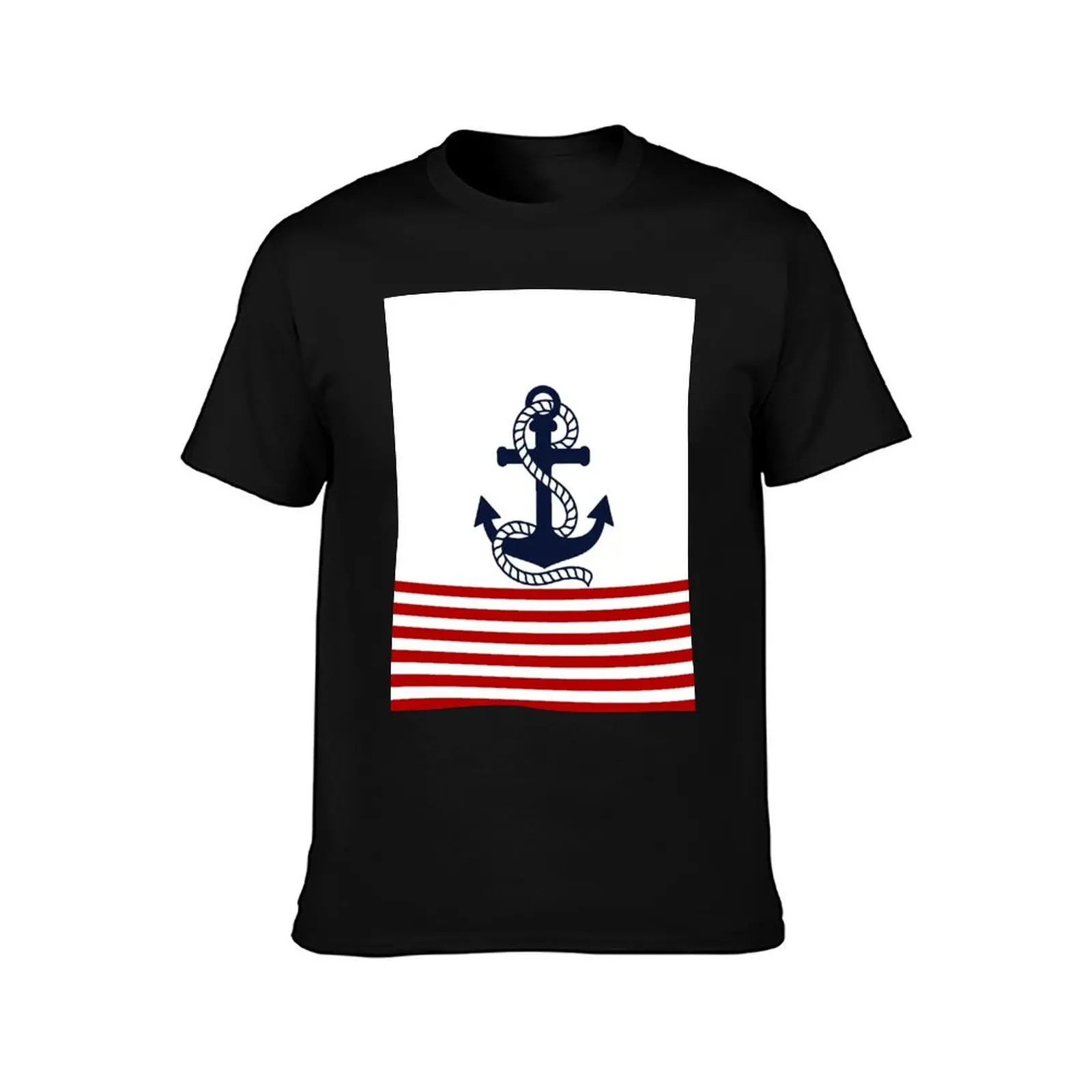 Nautical red and white stripes with a navy blue anchor T-Shirt Minimalist Plain Crew Neck T-Shirt