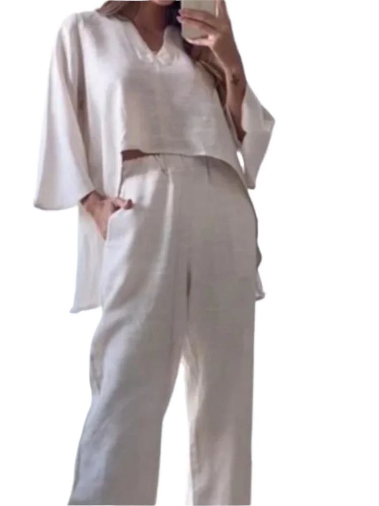 

2025 Summer Women Asymmetrical Fashion V-neck Solid Color Loose Top Pullover Straight Pants Simple Style Streetwear Pants Sets