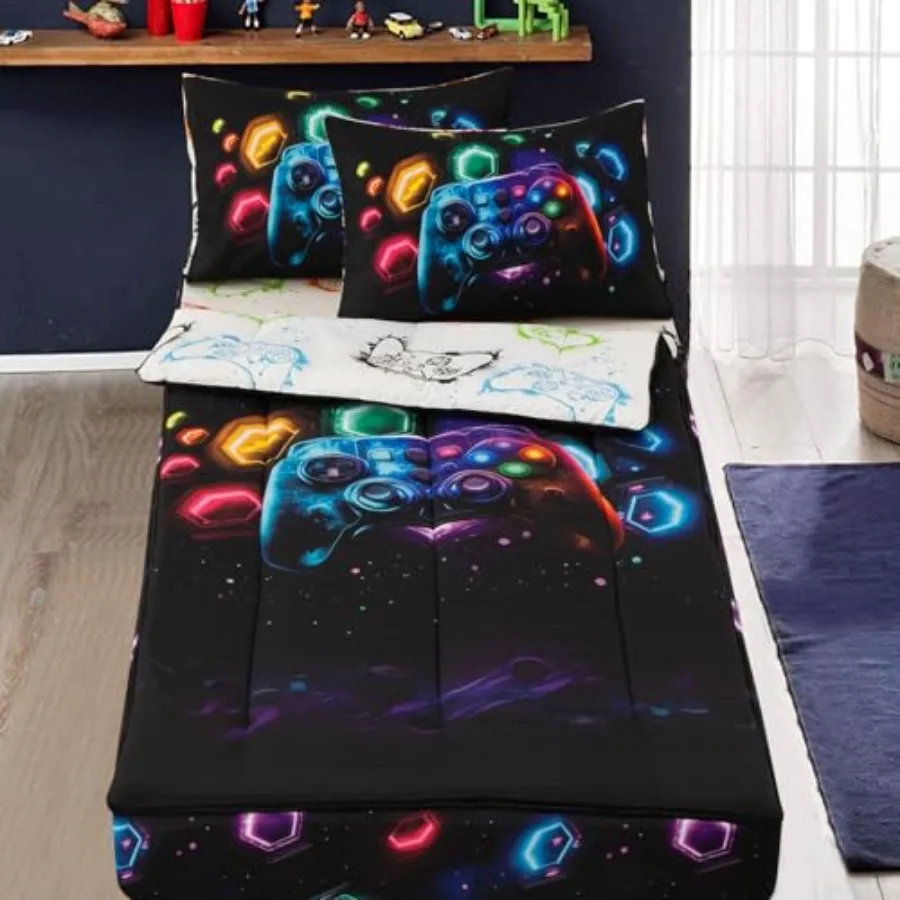 Conjunto de Edredom com Zíper para Console de Jogos - Roupa de Cama com Zíper para Meninos, Tema Espacial de Jogos e Galáxia, Tamanho Solteiro