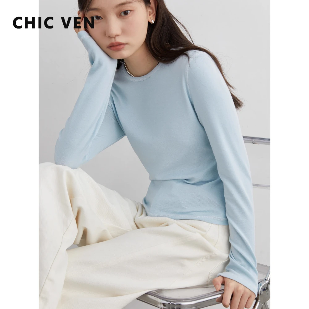 

CHIC VEN новые женские футболки в стиле ретро, тонкие контрастные цветные линии, базовые футболки с длинными рукавами, тонкий женский топ, весна-осень 2025