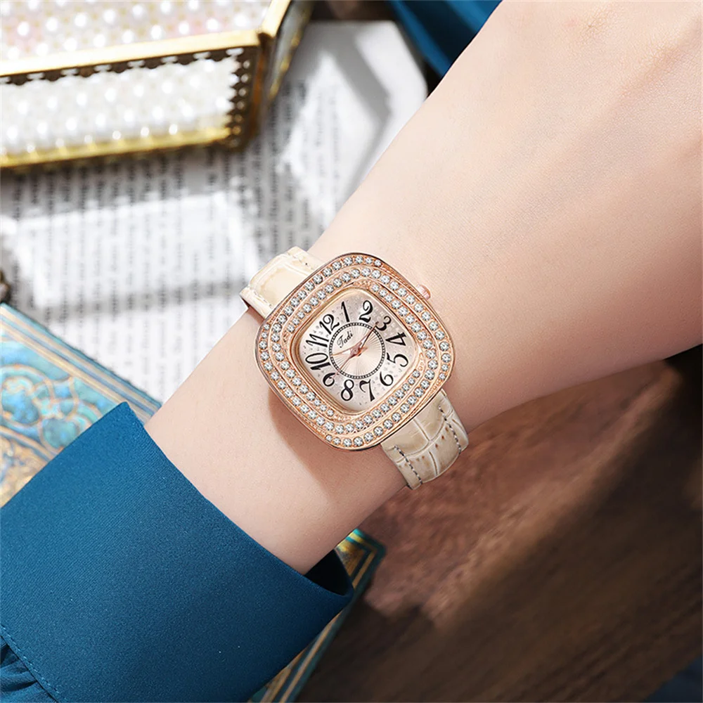 Luxury Full Star Square Arabic Numerals Diamonds Ladies Quartz Watch Fashion Pink Leather Women's Clock Gift Wristwatch