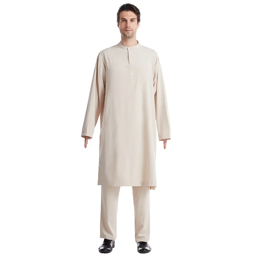 2 uds árabe saudí hombres Jubba Thobe Thoub Kaftan Dubai bata musulmana islámica Tops pantalones conjunto Abaya vestido Dishdasha traje Djellaba