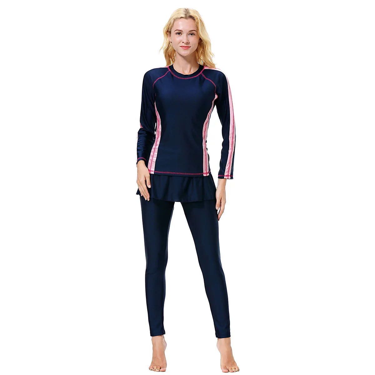 Striped Side Skirted Burkini Long Sleeve Swim Cap UV Protection Muslim Modest Full Length Pants Beach Pool Conservative Swimsuit