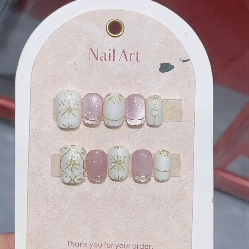 Press On Nails Gentle Muse Moroccan Flower Brick Bohemian Pink Cat Eye Short Fake Nails Removable Reusable