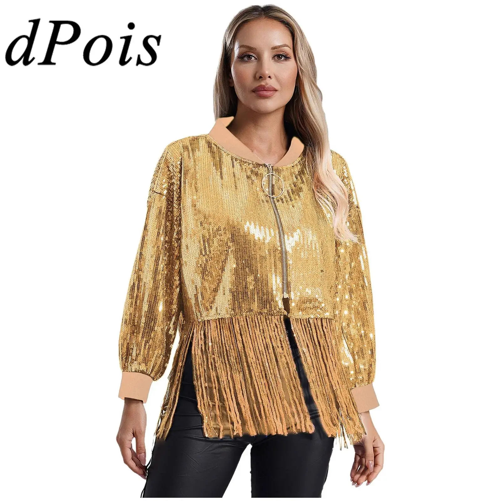 Women Rave Shiny Sequin Zip Jacket Fashon Women's Fringed Coat Outerwear for Nightclub Bar Music Festival Party Carnival Costume