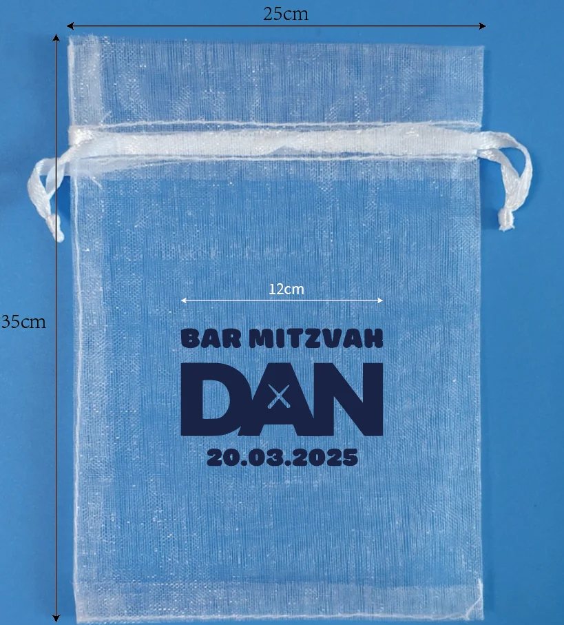 200 Pieces 25x35cm White Organza Bags Drawstring Gift Pouches Hot Printing With Dark Blue Logo Customized Logo