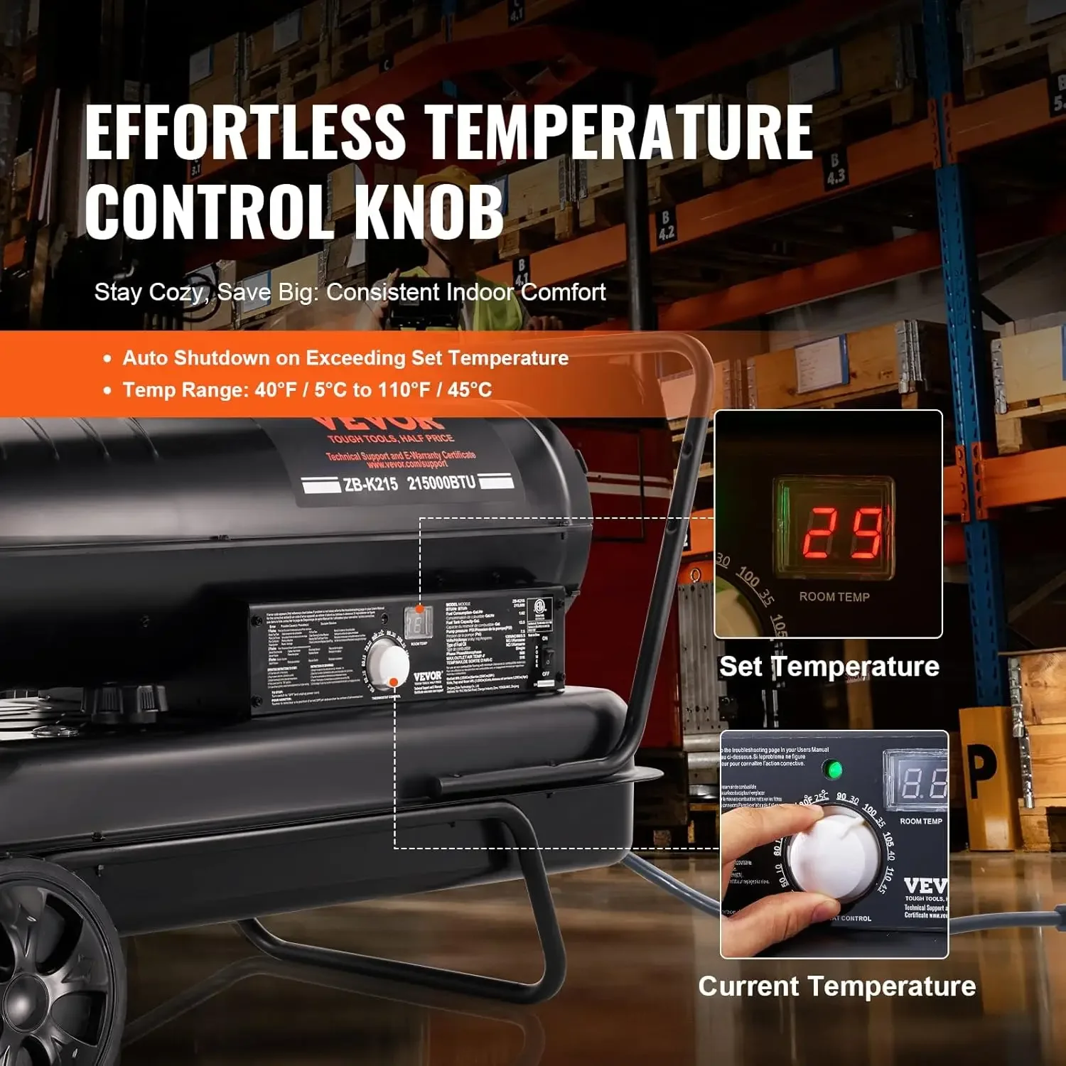 سخان الديزل طوربيد، 215000   وحدة حرارية بريطانية، محمولة مع تحكم في الحرارة، خزان سعة 13.2 جالون، فعالة لـ Sp الداخلي والخارجي