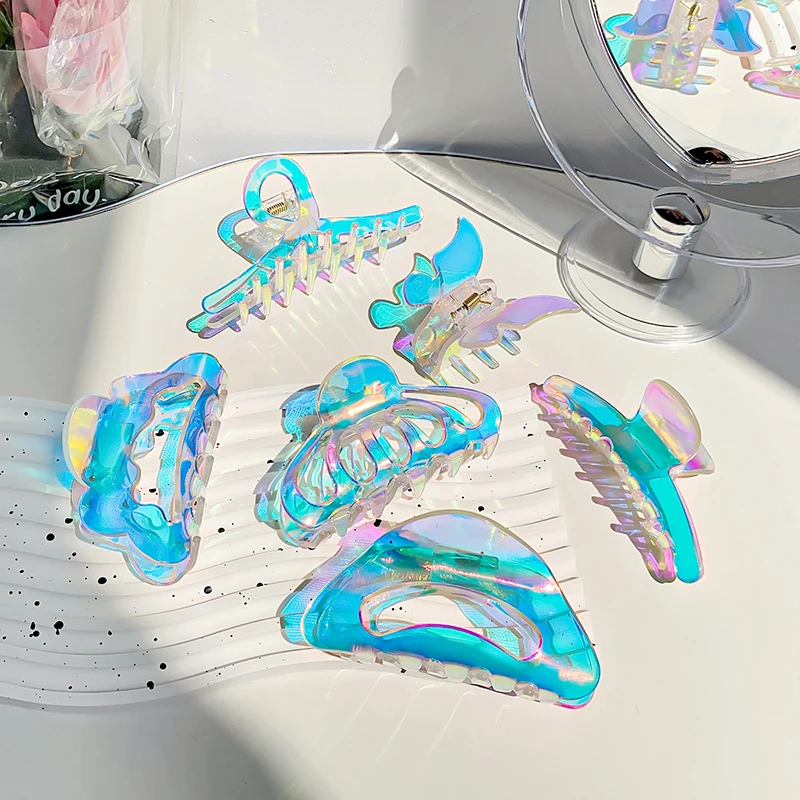 Summer Korean New Laser Transparent Magic Mermaid Clip Simple Geometry Plastic Shark Clip Hair Accessories For Woman Girls