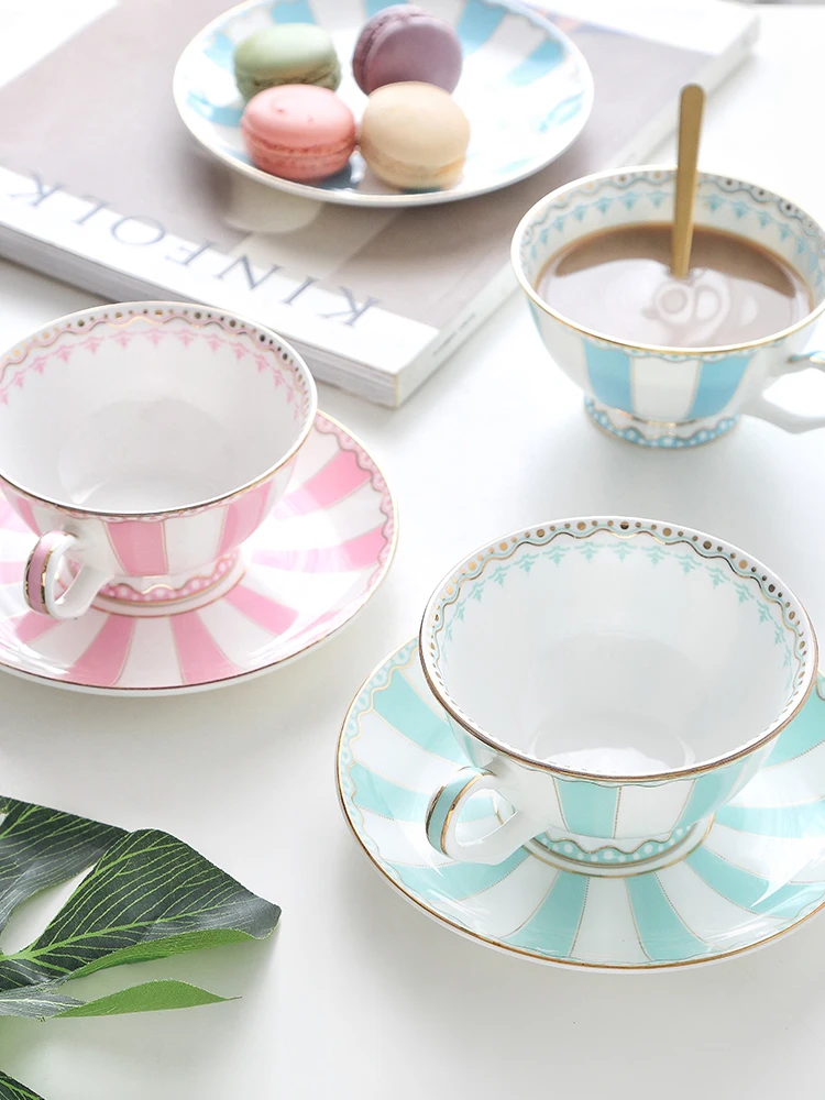 European Coffee Cup and saucer, English Afternoon Tea Set, Teacup Bone China, Home Drink Gifts, Blue and Pink