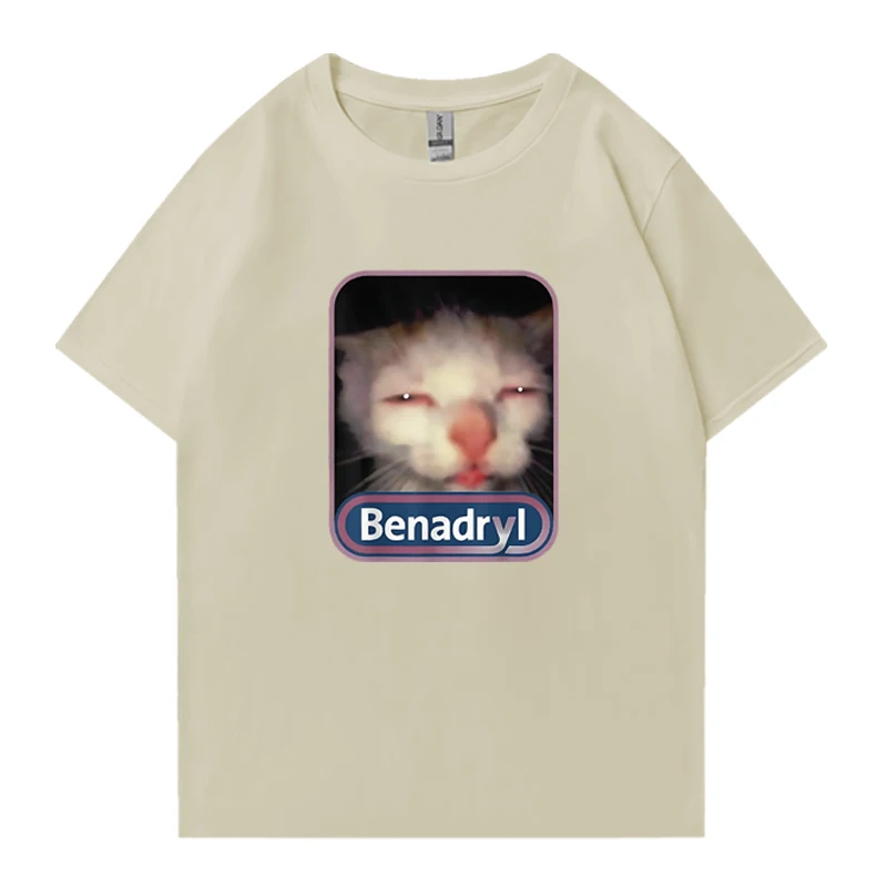 Hot Cute Kawaii Benadryl Meme Cat Funny Oversized T-Shirt Hip Hop 100% Cotton Men Women Unisex streetwear short sleeve t-shirts