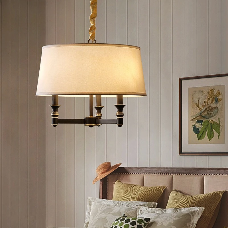 American Vintage All Copper LED Pendant Light Rotundity Fabric Lampshade Hotel Living Room Restaurant Bedroom Study Hanging Lamp