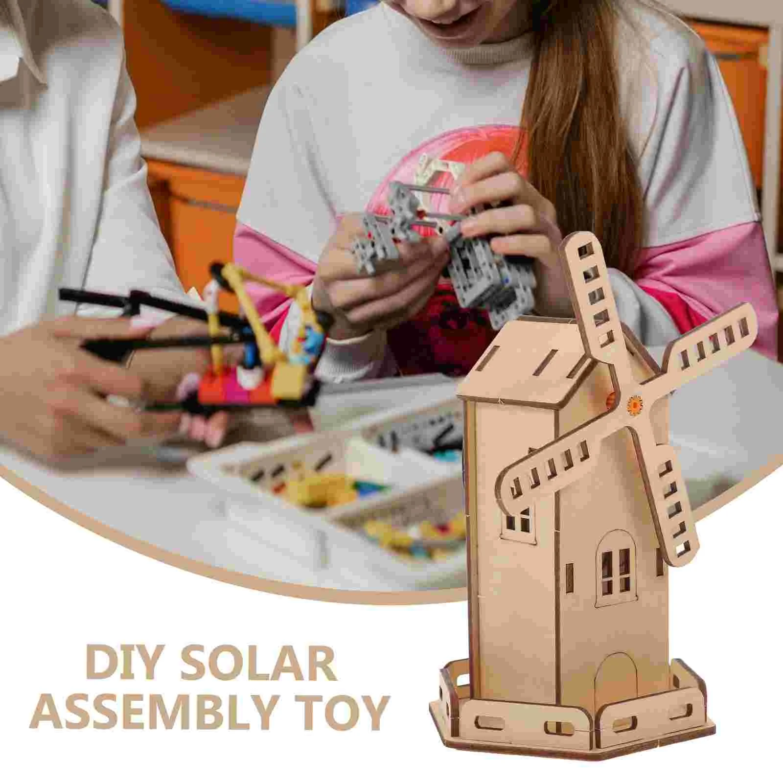 Solar Windmill Assembly Tiny House Children Power Playthings Wooden Experiments Kit