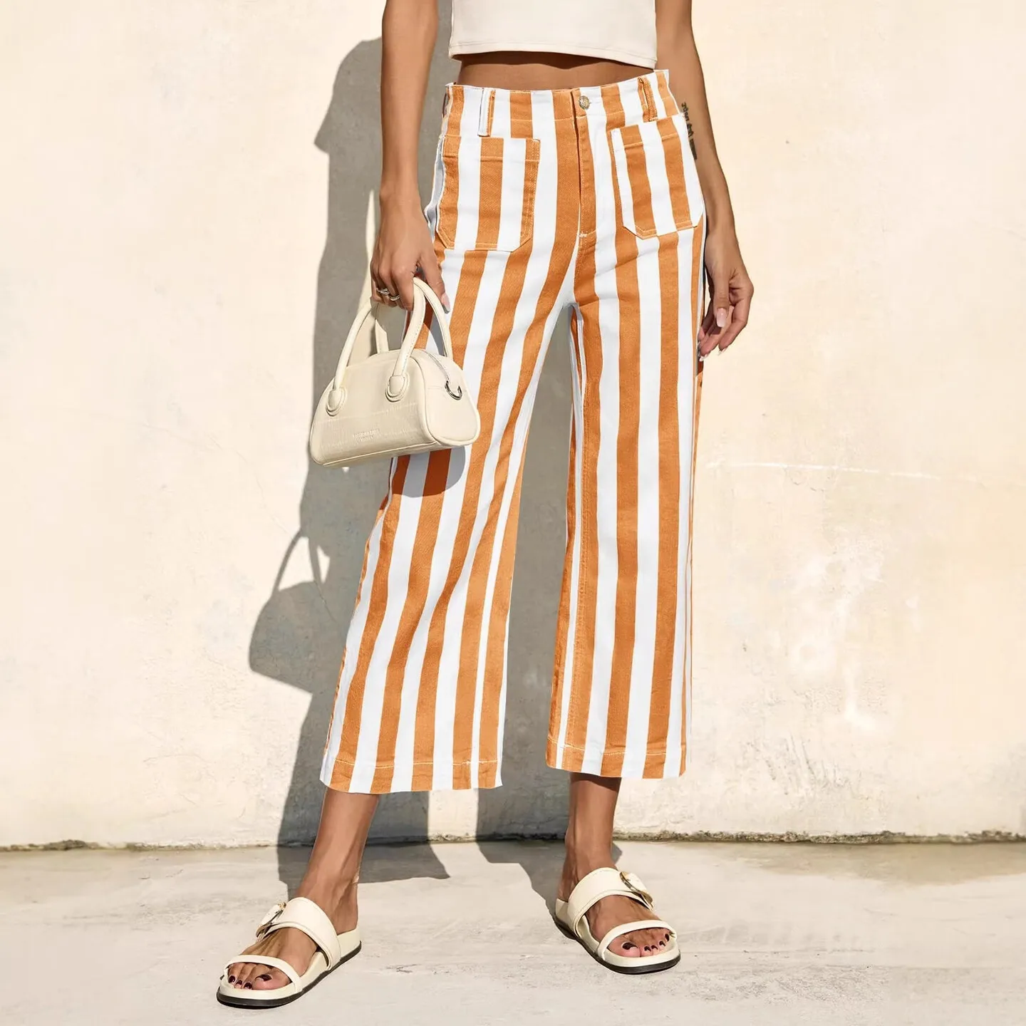 Women's Casual High-Waisted Striped Wide-Leg Jeans Trousers Fashionable And Comfortable Ladies' Denim Pants