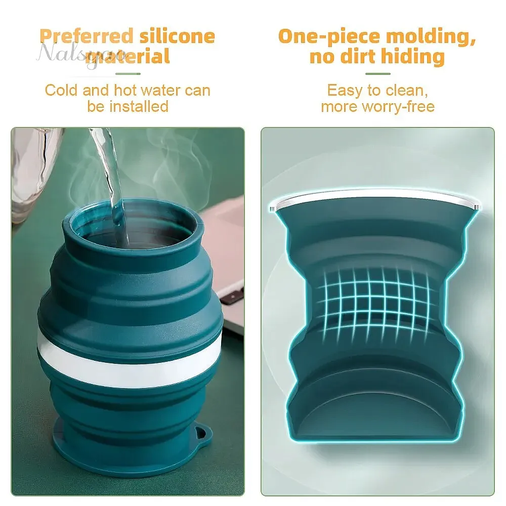 Portable Silicone Foldable Cup with Lid Heat Resistant Collapsible Travel Mug Lanyard Outdoor Camping Hiking