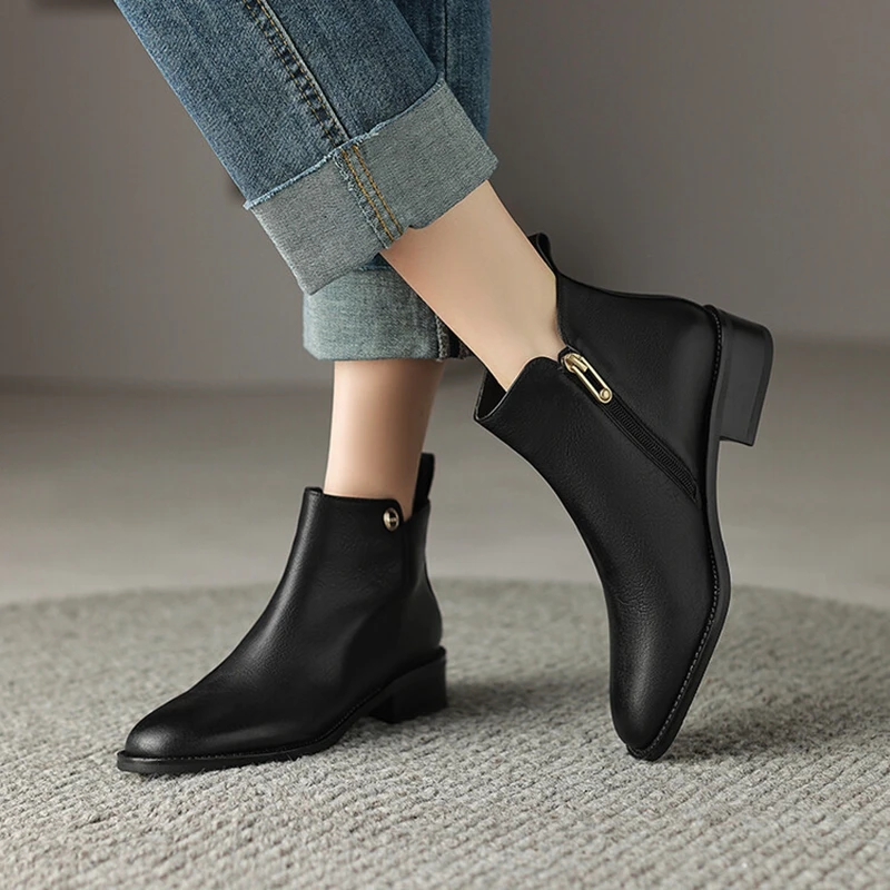 NEW Autumn Women Boots Round Toe Low Heel Boots Women Genuine Leather Shoes for Women Retro Zip Brown Ankle Boots сапоги женские