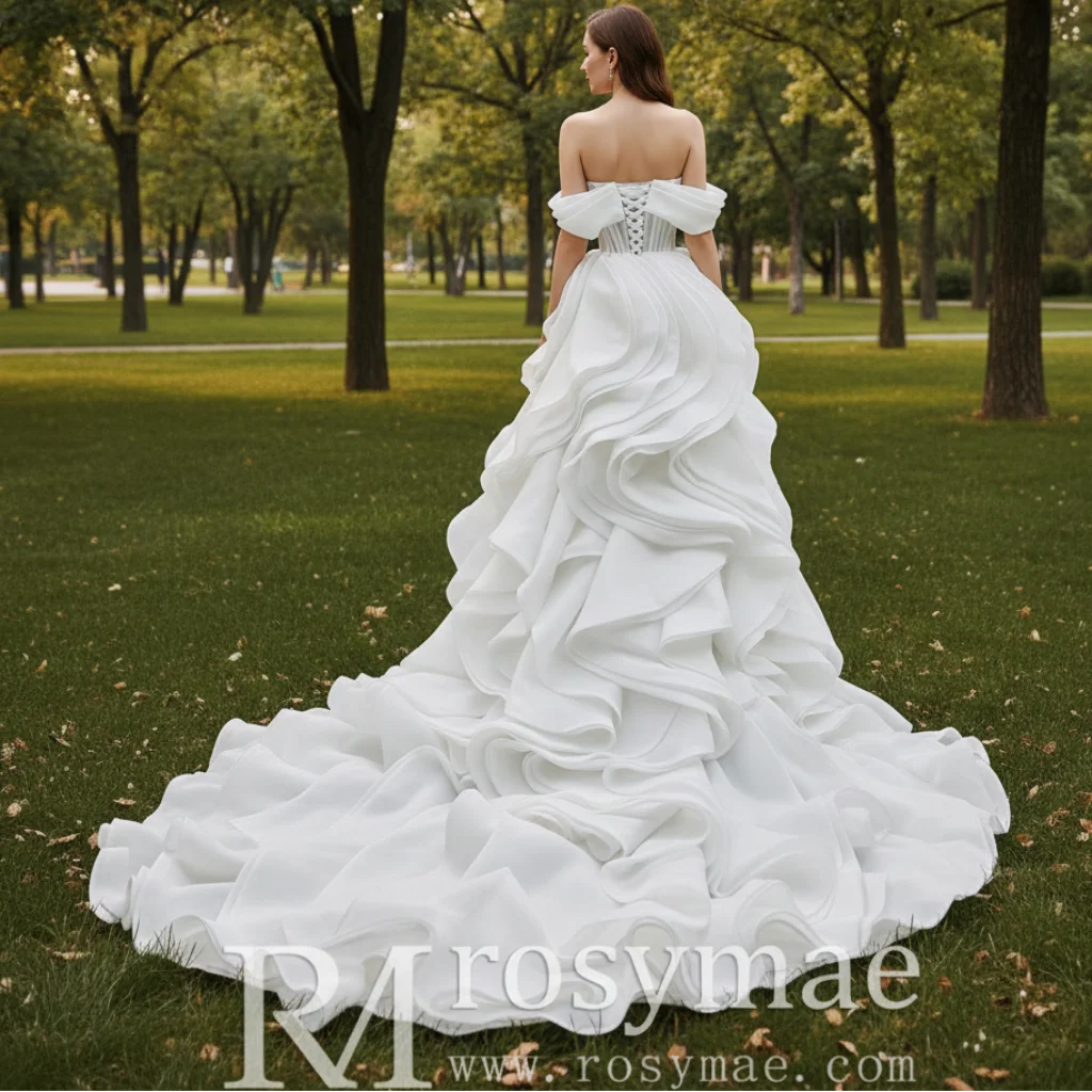 Rosymae Off-the-Shoulder Wedding Dress Layered Ruffle Sheer Bodice Elegant White Bridal Gown for Women vestidos de boda