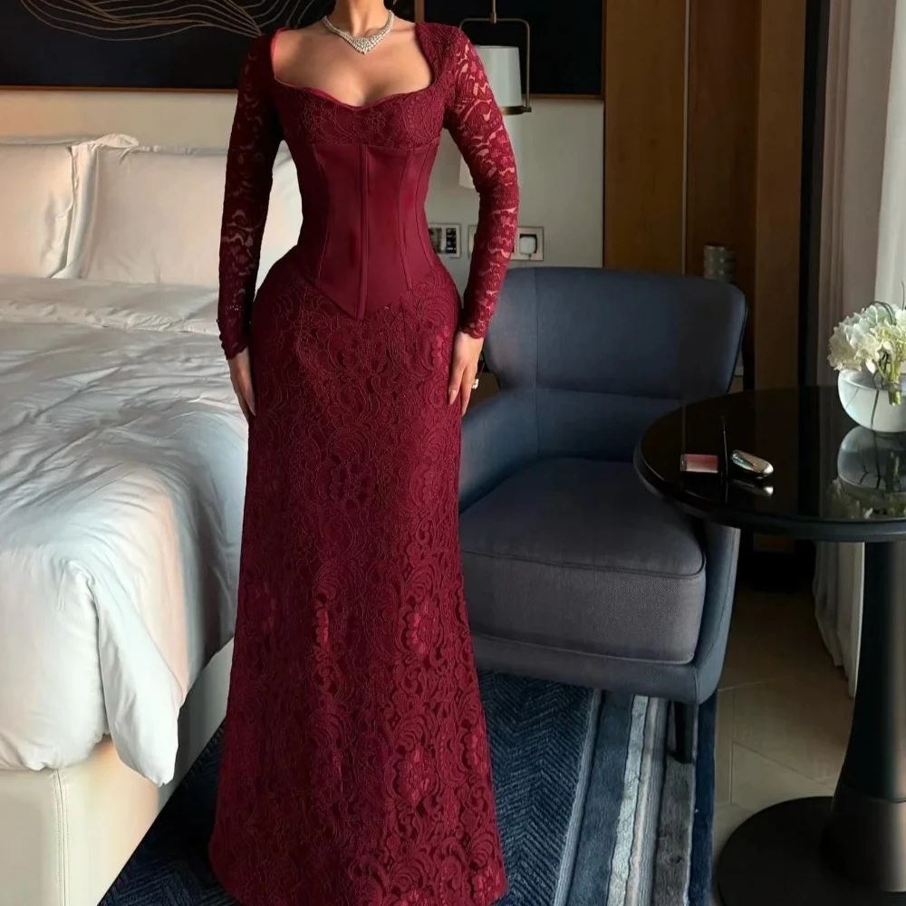 

Customized Exquisite Fashion Jersey Pleat Lace Burgundy Mermaid Square Neck Long Dresses Evening Dresses Exquisite for Woman