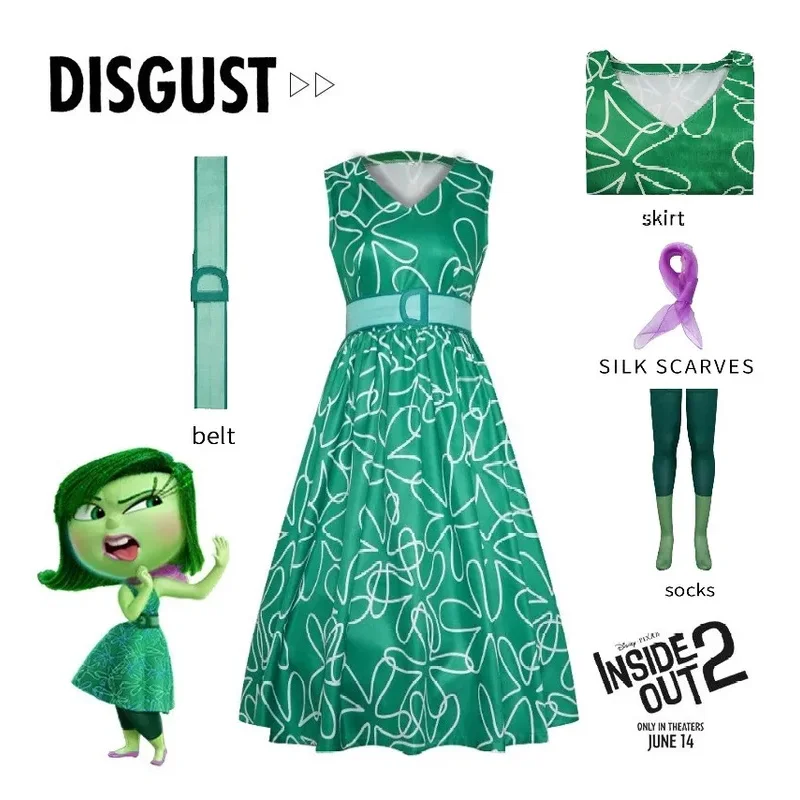 

Movie Inside Cosplay Out Cosplay Costume Disgust Green Dress Skirt For Adult Kids Women Girls Halloween Carnival Disguise Suit