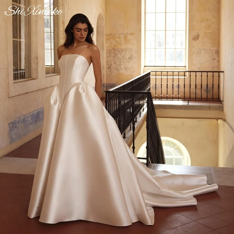 Modern Corset Back Strapless Wedding Gown 3D Flower Satin Ballgown Vestidos De Novia Customized