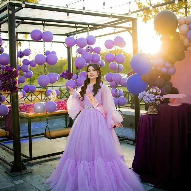 OLOEY Vestidos de Noche de tul de lavanda de hadas para mujer, vestidos de desfile, vestidos de fiesta de cumpleaños, mangas largas abullonadas, vestido Formal, Árabe de Dubai