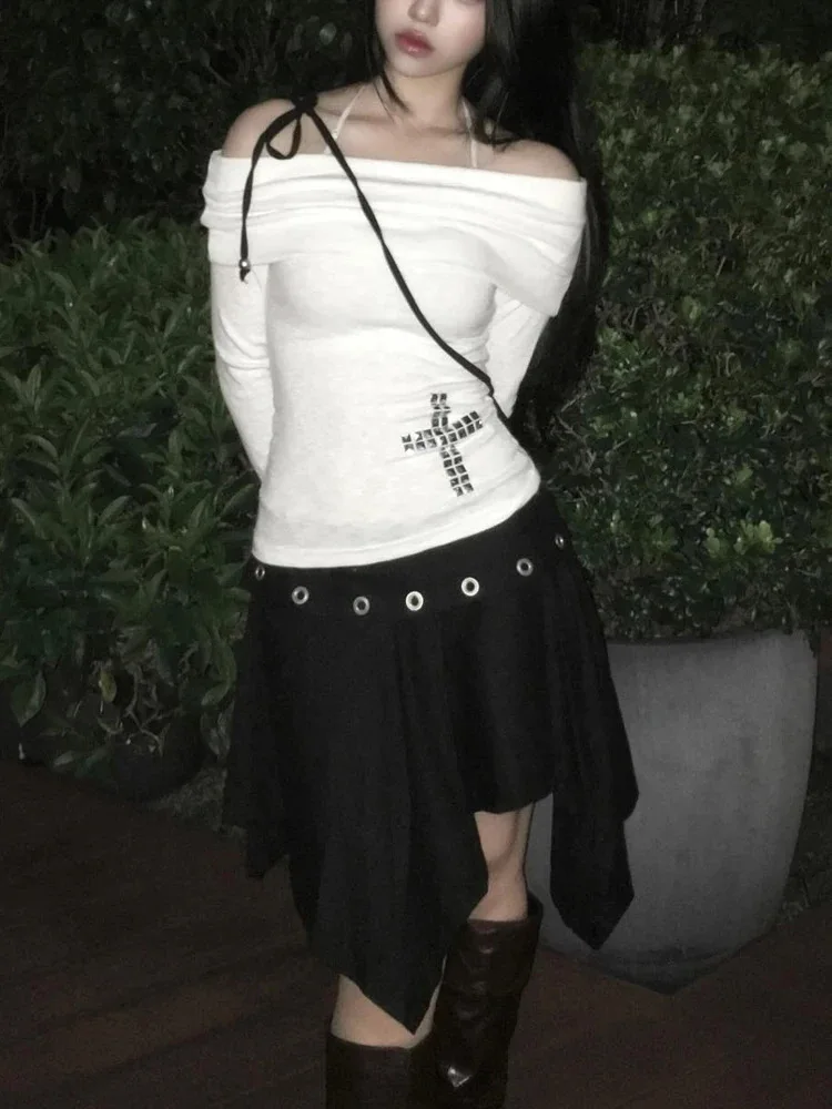 أوائل الخريف عارضة أزياء الصليب الأبيض الساخن الماس كتف واحد طويلة الأكمام فتاة حار ضيقة المرأة الصفصاف مسمار أعلى #3