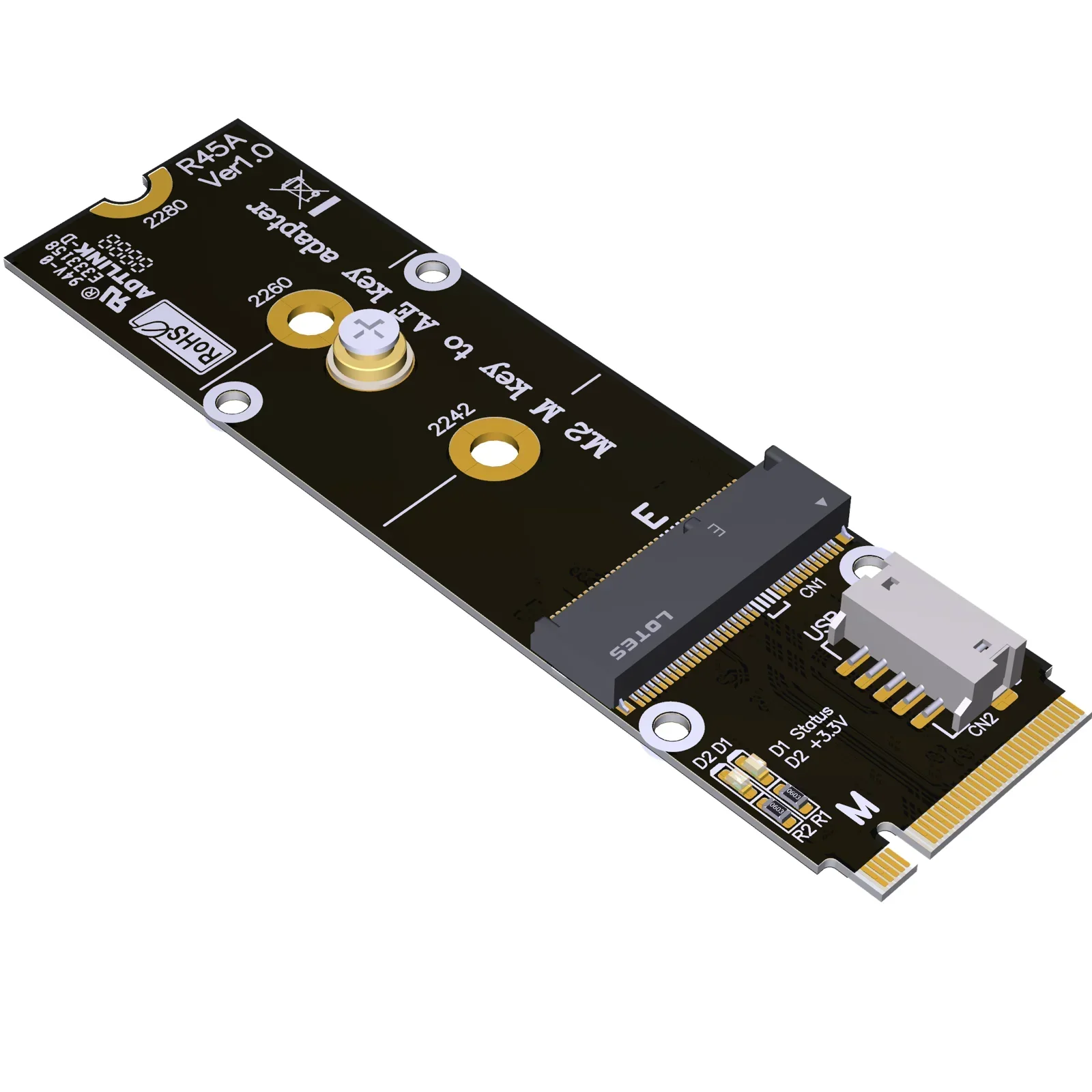 Adaptador M.2 NVMe M Key 2280 A WiFi A/E Key 2230, tarjeta de red vertical inalámbrica INTEL AX210, PCI-E 4,0x2 (WiFi), USB 2,0 (Bluetooth)