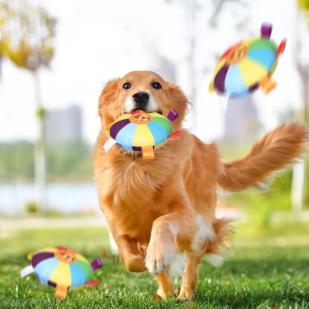 Dog Toys Interactive Flying Saucer with Bell Bite Resistant Puppy Molar Chew Toys Squeak Toy Outdoor Dogs Training Flying Disc