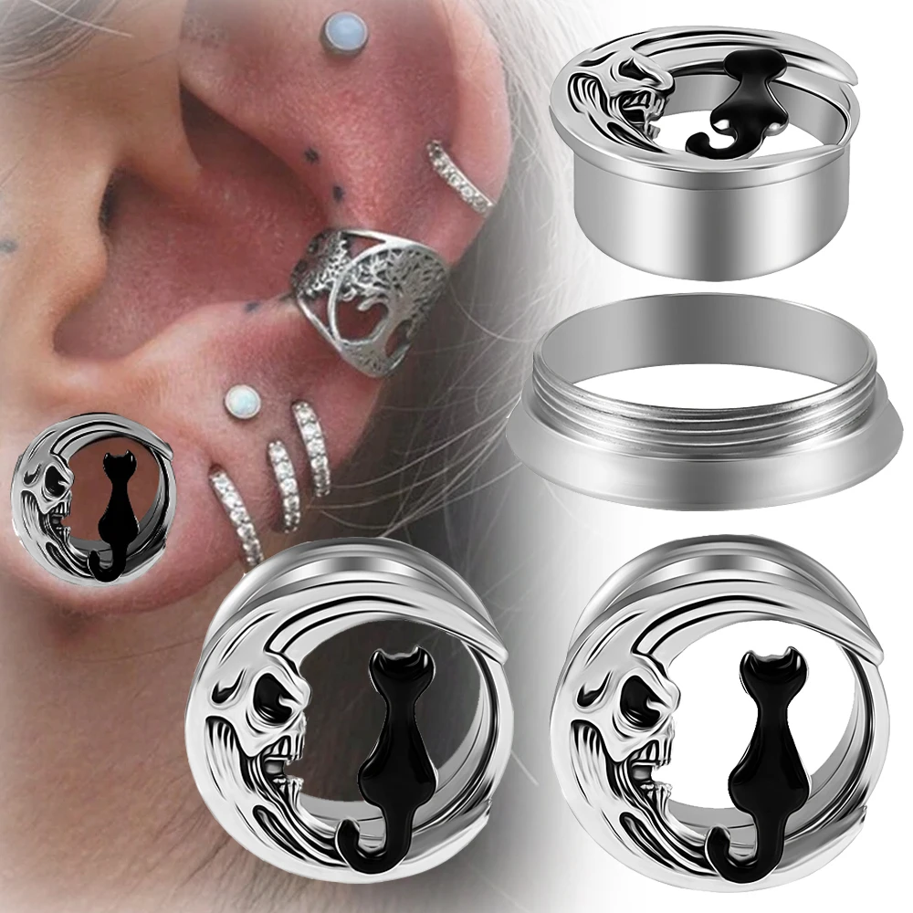 1Pair Stainless Steel Moon&Cat Ear Expander Stretchers Internal Thread Double Flared Ear Plugs Earrings Piercing Jewelry 8-25mm