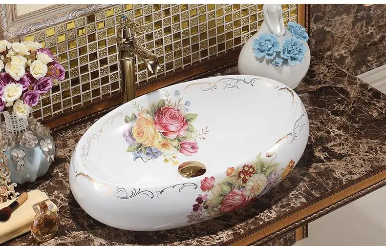 Imagem -02 - Grande Forma Oval Porcelana Banheiro Navio Pia Bacia de Cerâmica Contador Superior Lavatório Rosa Padrão Vanity Superior Pias Tamanho